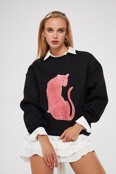 The Champ Clothing Черен извънгабаритен суичър с щампа с полярен леопард - кръгла яка