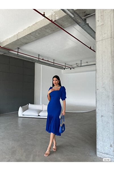 Masspera Kare Yaka Eteği Fırfır Detay Midi Boy Abiye