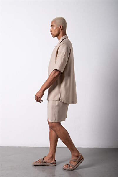Machinist Erkerk κοντομάνικο oversized μπεζ λινό πουκάμισο