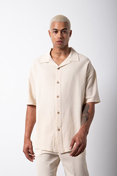 Machinist oversized Κοντομάνικο λινό πουκάμισο πέτρα