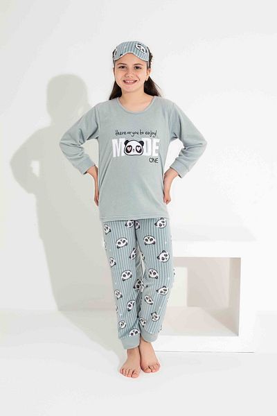 Tarık Girl, Teenager and Child Panda Patterned Long Sleeve Polar Plush Fabric Winter Warm Pajama Set