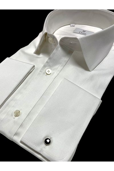 Chamis SlimFit White Satin Classic Collar Double Cuff Shirt