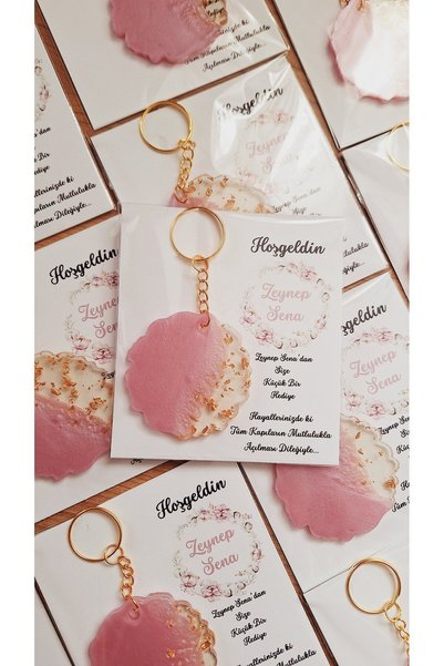 SevgiliAtolyemm Flower Themed Pink Round Keychain Babyshower Birthday Baby Gifts 15 Pieces