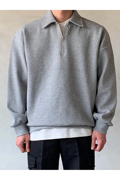 COMBİNE MİCHAİL Ανδρικό φούτερ Polo Neck - Μισό φερμουάρ, GRIMELANJ