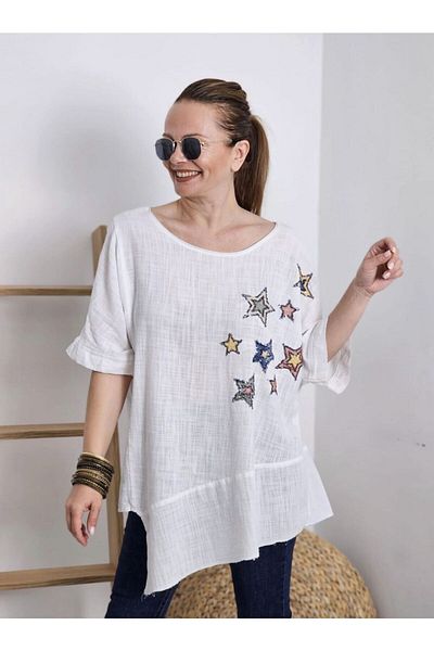 via moda Starry White Linen Blouse