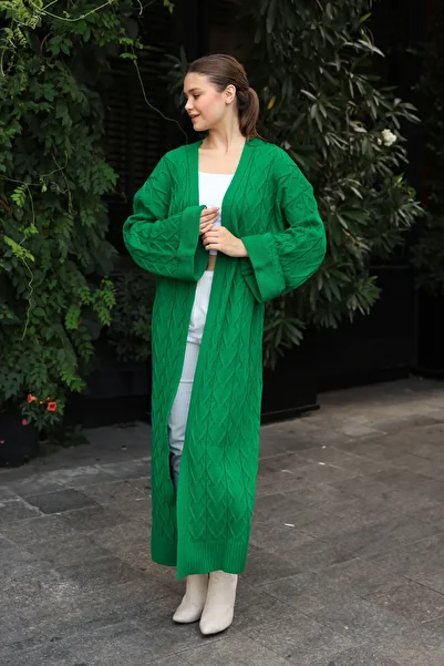 ALCHON U Shawl Collar Long Sleeve Hair Braided Ankle Detailed Oversize Ankle Length Winter Knitwear Cardigan