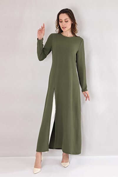 Fashion Showcase Khaki Long Aerobin Tunic - Slit Dress