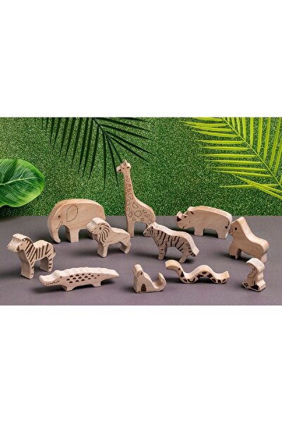 POZİGİ Eğitici Doğal Ahşap Safari Hayvanları Oyuncak Seti ( 11 Parça )
