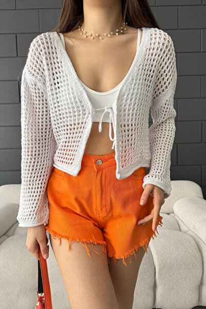 Cistern İstanbul Women's White Front Tie Crop Openwork Knitwear Cardigan