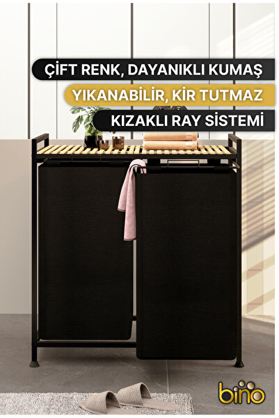 Bino Çamaşır Sepeti Kirli Sepeti Ahşap Banyo Dolabı Büyük Boy Geniş 2 Bölmeli Kumaş Kirli Sepeti