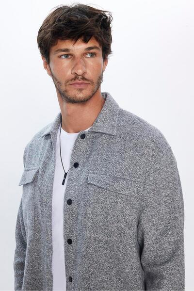 Tudors Men's Gray Apache Collar Comfortable Cotton Shirt - Snap Fastener, Double Pocket Winter Lumberjack Design