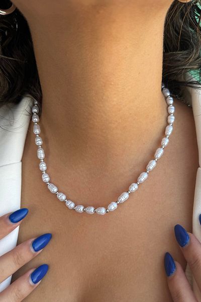TAKIŞTIR Silver Color Pearl Detailed Steel Necklace