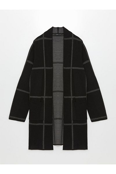 LC Waikiki Plaid Patterned Shawl Collar Women's Knitwear Cardigan - Long Sleeve