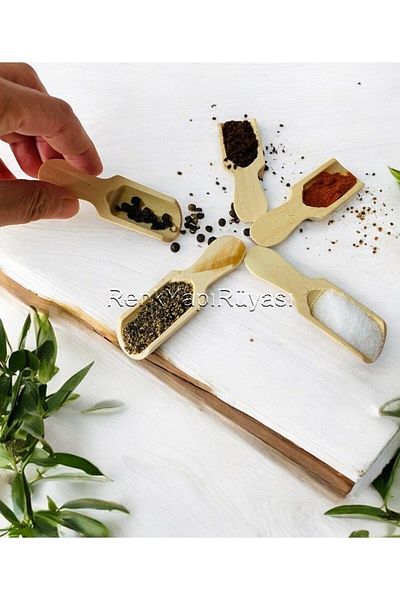 RENK YAPI RÜYASI Natural Wood - Non-Varnished Spice Bowl and Spice Spoon, Healthy Handmade