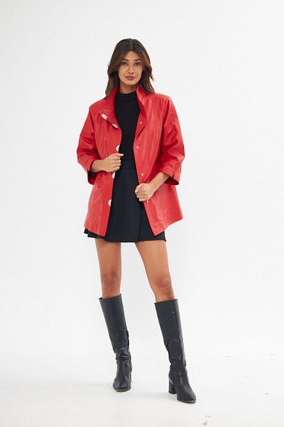 gorgitino Women's Genuine Leather jacket Red Color Bat Sleeve Front Snap Fastener
