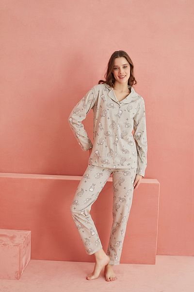 ELİTOL Long Sleeve Gray Rabbit Patterned Knitted Pajama Set - Front Buttoned