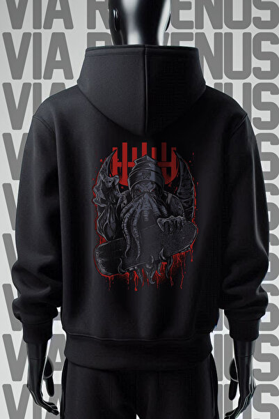 Vordevia Hanorac negru cu glugă cu imprimeu Octopus - 3 fire, mărime largă