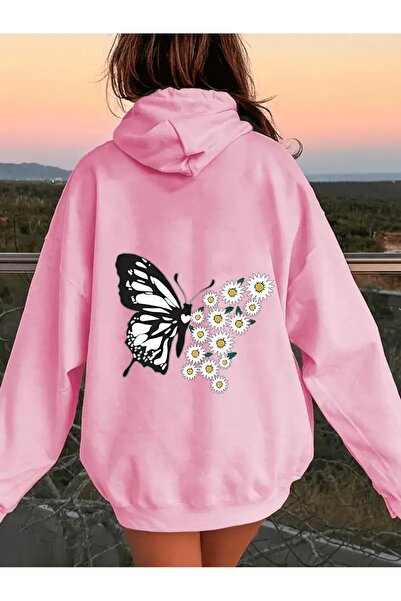 PALPİTO Γυναικεία κουκούλα Pink Butterfly - Φούτερ με κουκούλα 3 νημάτων