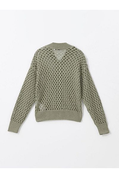 LC Waikiki Γυναικεία πλεκτή ζακέτα LCW Vision Khaki Crew Neck διάτρητη