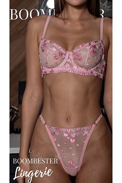 BoomBester Set de lenjerie și braletă cu model de inimă roz - Sutien cu sârmă...