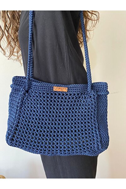 Nillys Kadın Polyester Makrome Lacivert Örgü Kol Çantası (EN:32CM/BOY:22CM)