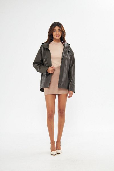 gorgitino Women's Khaki Color Genuine Leather Jacket Hooded Model