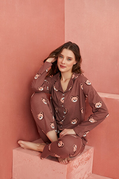 ELİTOL Кафяв плетен пижамен комплект с шарки на мече с дълги ръкави - закопча...