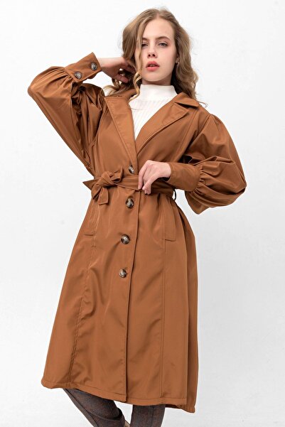 PASTELASTORE Taba Kadın Balon Kol Yırtmaçlı Düğmeli Kuşaklı Oversize Uzun Mevsimlik Trençkot 2113