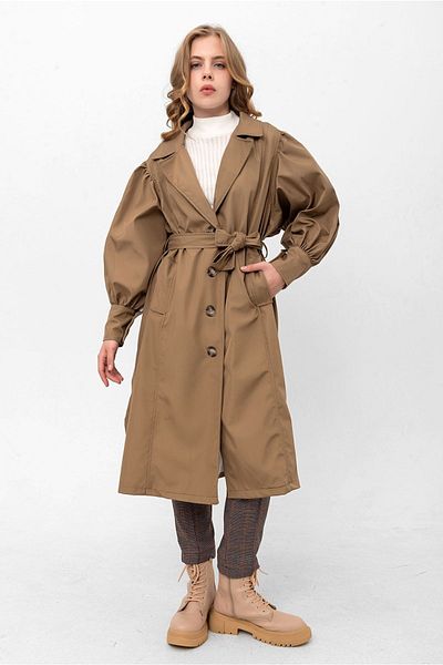 PASTELASTORE Women's Balloon Sleeve Slit Buttoned Belted Oversize Long Seasonal Trench Coat 2113
