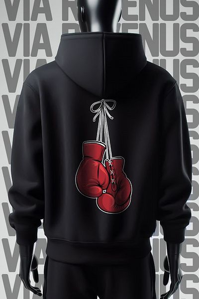 Vordevia 3 Yarn Boxing Gloves Printed Wide Fit Black Hooded Sweatshirt