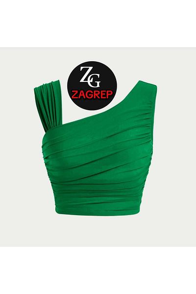 Zagrep Benetton Green Shoulder Detailed Draped Crop Top - Μην εμφανίζεται εσωτερικά μεταξωτό ζέρσεϊ