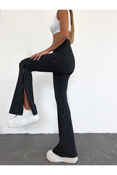 CNRCollection Kadın Siyah Çizgili Yırtmaçlı Örme Yüksek Bel Günlük ve Office ...