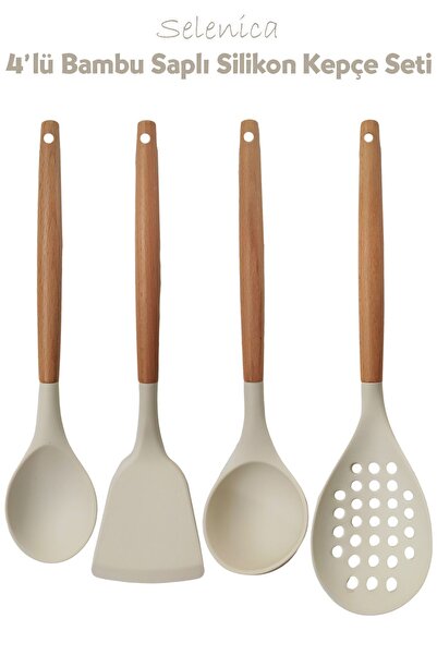 Selenica Silikon Bambu Saplı 4 Parça Mutfak Servis Seti Kaşık, Spatula, Kepçe...
