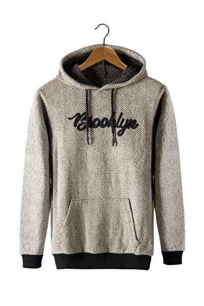 Terapi Men Erkek Bej Kapüşonlu Kanguru Cepli Nakışlı Örme Sweatshirt