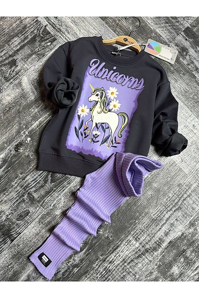 öykümgaleria Girl's Unicorn 2 Yarn Fabric Ribbed Tights Bottom Top Set