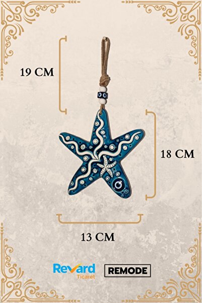 Revard Home Nazar Boncuklu Seramik Deniz Yıldızı Desenli Kumsal ve Boncuk Dekoratifli Çok Amaçlı Süs 13X18 CM