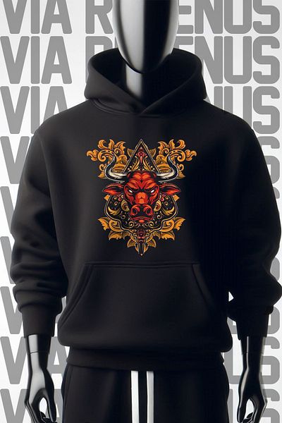 Vordevia Made of 3 Thread - Front and Back Printed Black Wide Fit Hooded Sweatshirt