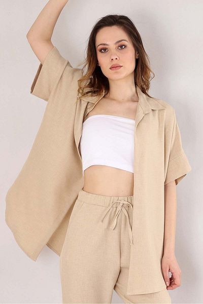 Fashion Showcase Cămașă oversize cu mânecă scurtă din in pentru femei - bej