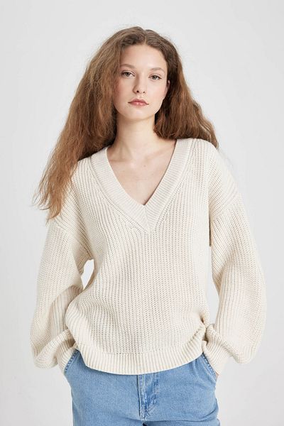 DeFacto V-nyakú Oversize kötöttáru pulóver