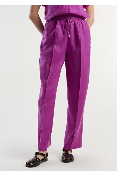 United Colors of Benetton Women's Purple 100% Linen Waist Drawstring Comfortable Fit Trousers