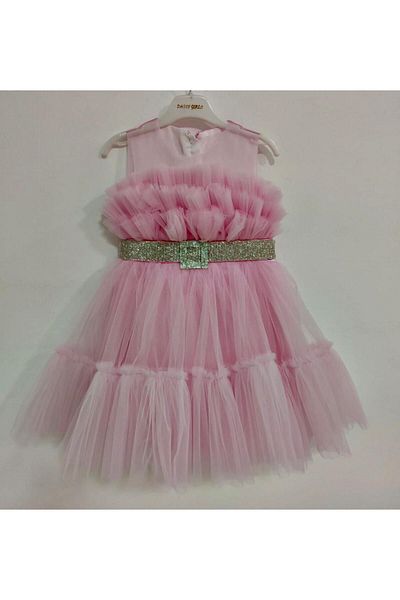 Daisy Pink Crew Neck Girl's Evening Dress with Bow on the Back