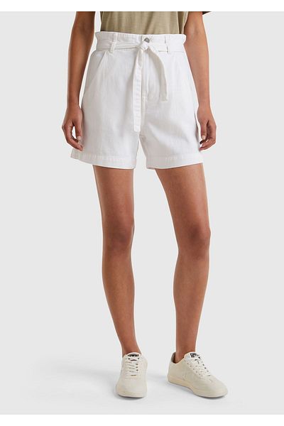 United Colors of Benetton White Belted Women's Bermuda Shorts - 100% Cotton, 2 Pockets, Drawstring Waist