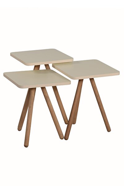 interGO Üçlü Zigon Sehpa Ahşap Ayaklı Kare Tasarım Krem