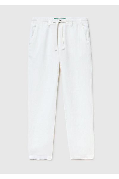 United Colors of Benetton Linen Men's Trousers - 100% Linen, Waist-tied, Cream Color
