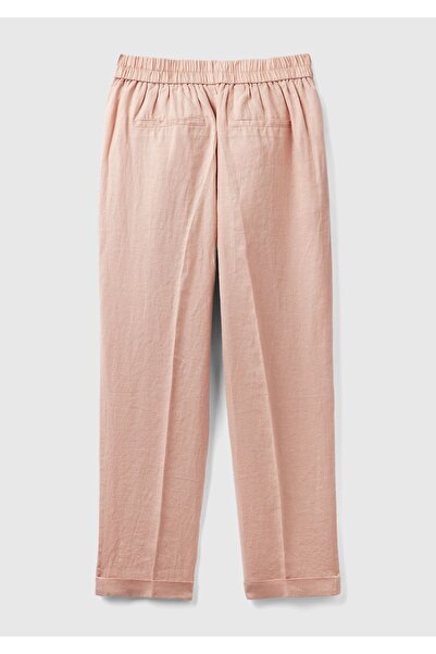 United Colors of Benetton Kadın Pudra %100 Keten Beli Lastikli Pantolon