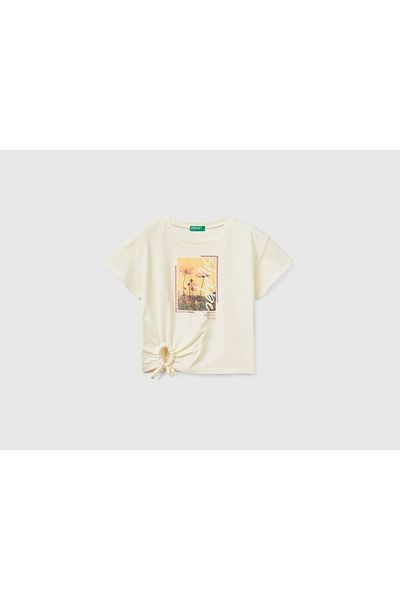 United Colors of Benetton Kurzes T-Shirt mit Glitzer und Vanilla-Grafikprint für Mädchen