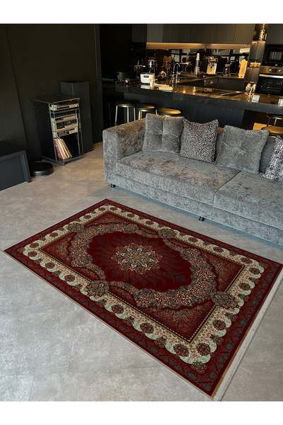 Rugs Modern Halı Beige Border Detailed Claret Red Patterned Ethnic Series Mod...