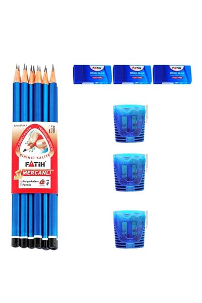 Fatih Pencil Coral 12 Pieces + Exam Eraser 3 Pieces + Pencil Sharpener Double Chamber 3 Pieces New Design