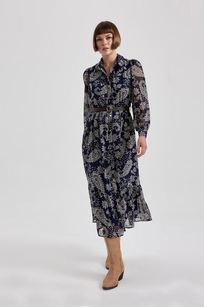 DeFacto Patterned Shirt Collar Long Sleeve Chiffon Midi Dress - B3763Ax23Au