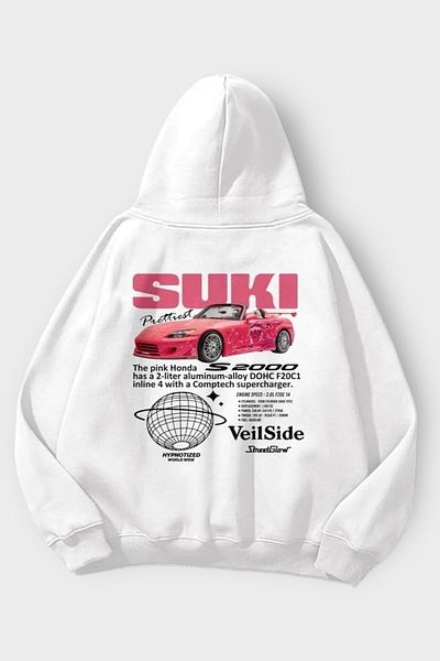 EFBUTİK Suki Back Printed White Hooded Fast Sweatshirt
